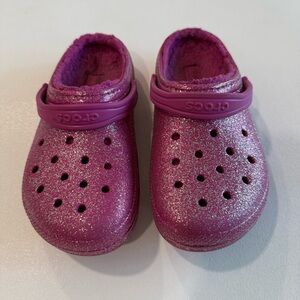 Crocs Fleece Lined Pink Glitter Clogs Youth Girls Size J5
